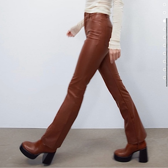 2/$30 Zara, High Rise Vegan Faux Leather Pants, Tan Brown, Size XS - Picture 3 of 12